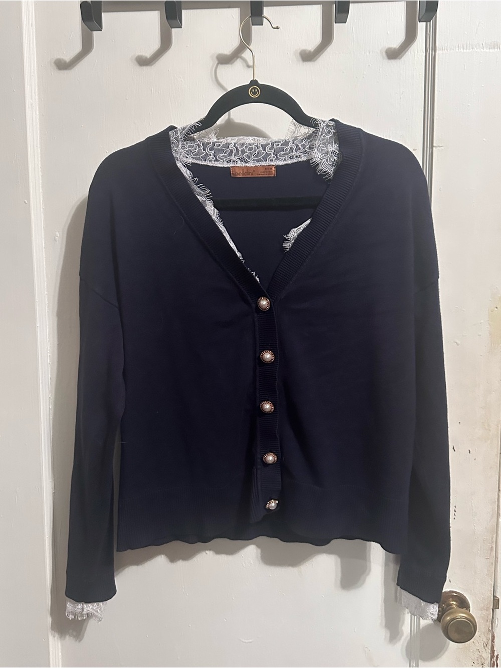 Belldini Navy Top with White Lace Trim